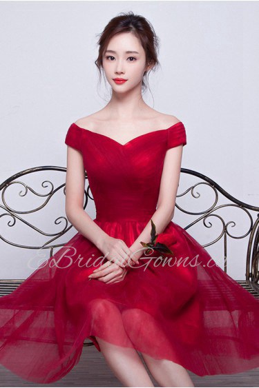 A-line Off-the-shoulder Tulle,Satin Knee-length Prom / Evening Dress