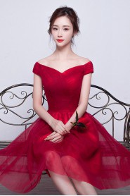 A-line Off-the-shoulder Tulle,Satin Knee-length Prom / Evening Dress