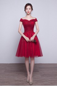 A-line Off-the-shoulder Tulle,Satin Knee-length Prom / Evening Dress