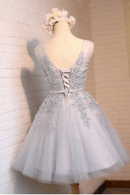 A-line V-neck Tulle,Lace,Satin Knee-length Prom / Evening Dress