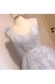 A-line V-neck Tulle,Lace,Satin Knee-length Prom / Evening Dress