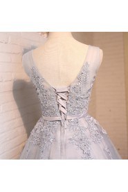 A-line V-neck Tulle,Lace,Satin Knee-length Prom / Evening Dress