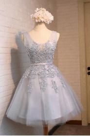 A-line V-neck Tulle,Lace,Satin Knee-length Prom / Evening Dress