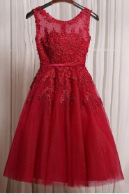 A-line Scoop Tulle,Satin,Lace Knee-length Prom / Evening Dress