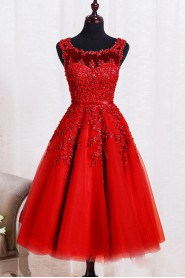 A-line Scoop Tulle,Satin,Lace Knee-length Prom / Evening Dress