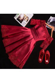 A-line Off-the-shoulder Satin,Lace Knee-length Prom / Evening Dress