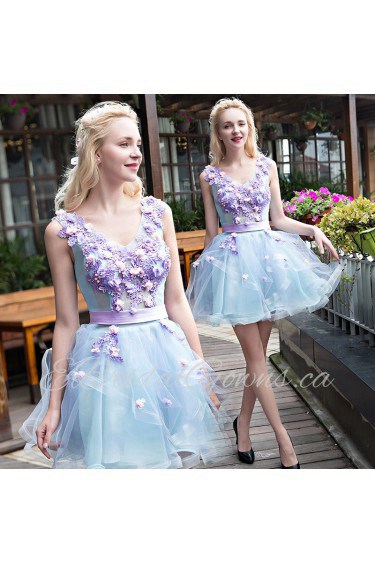 Ball Gown V-neck Tulle Short / Mini Prom / Evening Dress