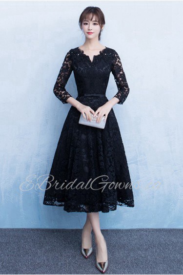 A-line V-neck Tea-length Prom / Evening Dress