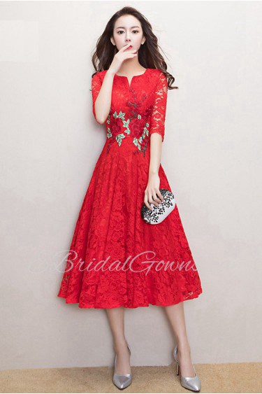 A-line V-neck Tea-length Prom / Evening Dress