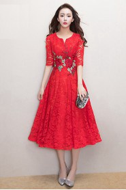 A-line V-neck Tea-length Prom / Evening Dress