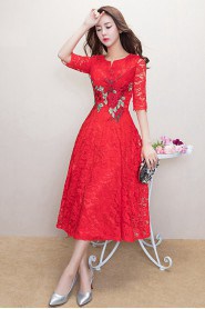 A-line V-neck Tea-length Prom / Evening Dress