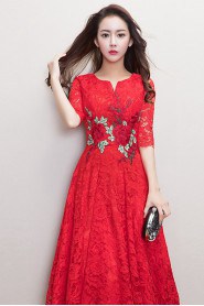 A-line V-neck Tea-length Prom / Evening Dress