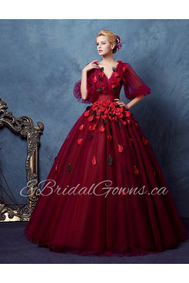 Ball Gown V-neck Tulle Evening / Prom Dress with Flower(s)