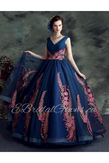 Ball Gown V-neck Tulle Evening / Prom Dress with Flower(s)