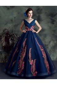 Ball Gown V-neck Tulle Evening / Prom Dress with Flower(s)