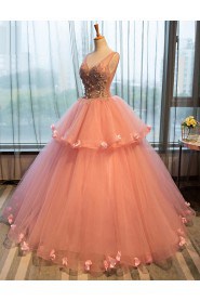 Ball Gown V-neck Evening / Prom Dress with Flower(s)