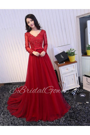 A-line V-neck Lace Evening / Prom Dress with Beading