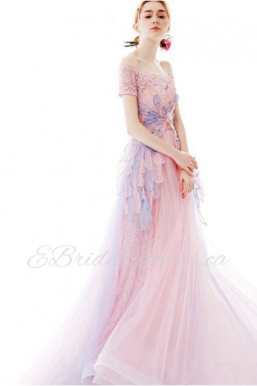 A-line Off-the-shoulder Evening / Prom Dress with Flower(s)